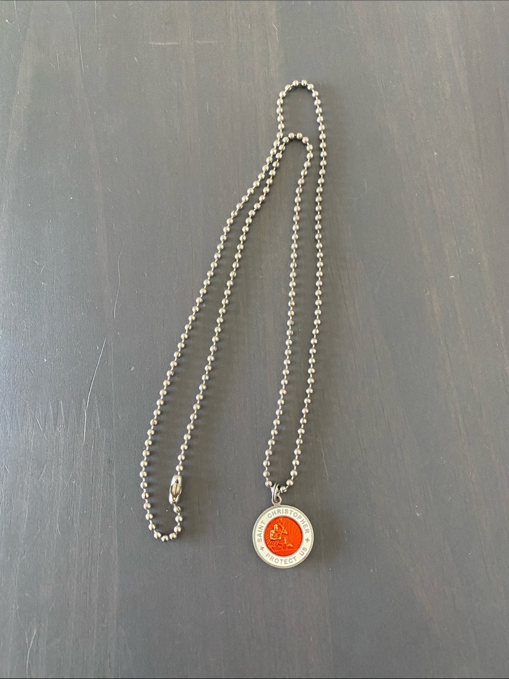Saint Christopher Pendant Necklace - Silver Chain with Red Medallion
